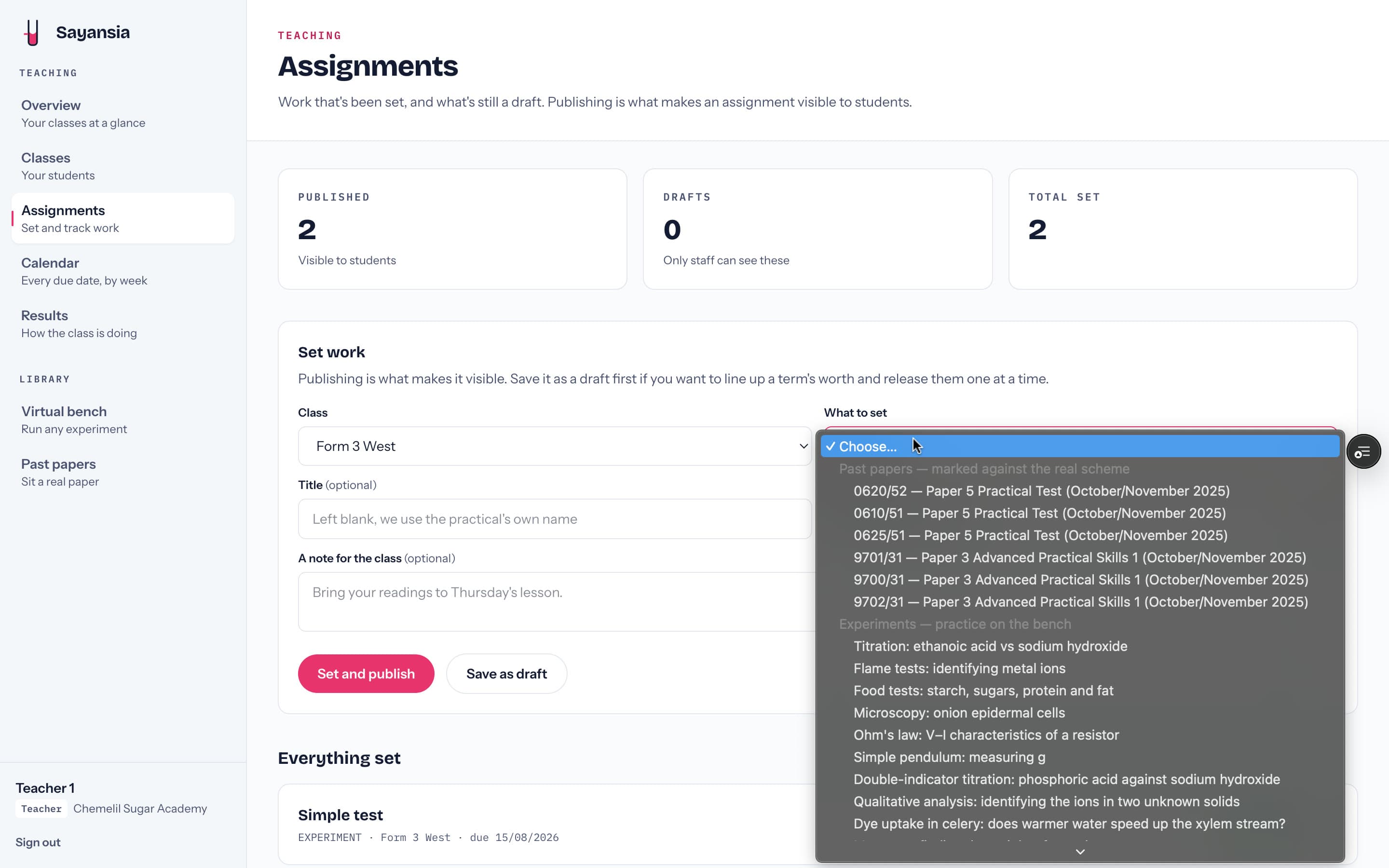 Sayansia — a teacher setting a past paper or experiment as an assignment