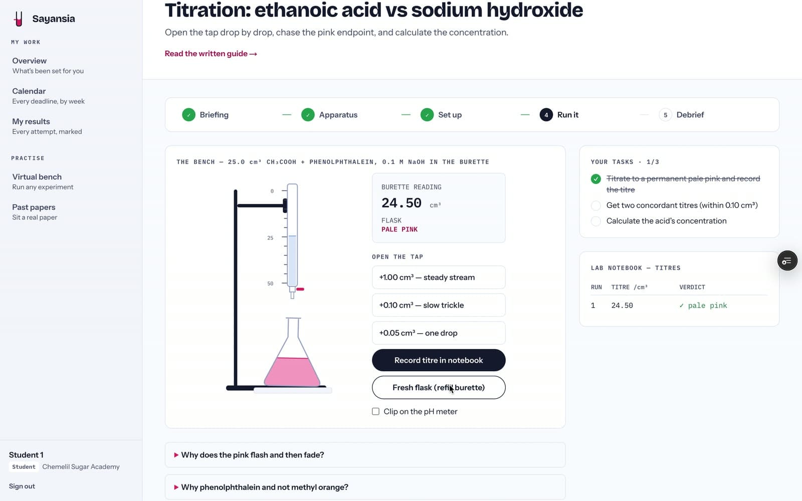 Sayansia — a titration mid-run on the virtual bench