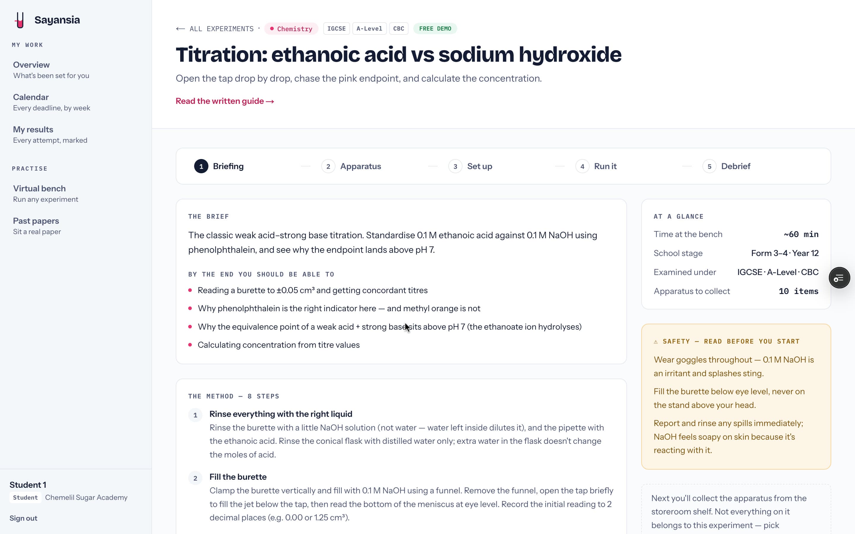 Sayansia — the titration experiment briefing page